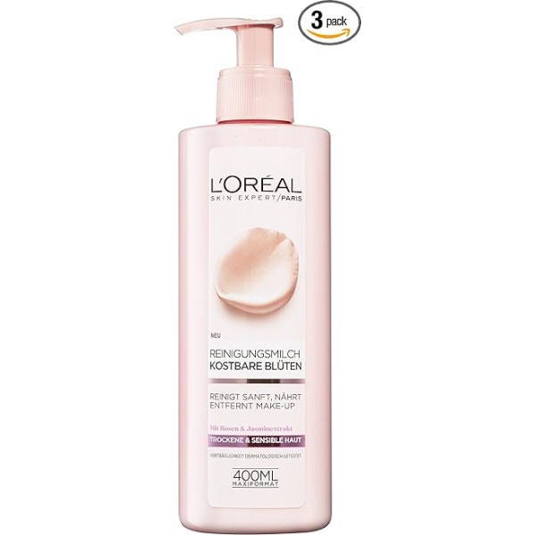 L'oréal Paris Precious Flowers attīrošs pieniņš ar rozes un jasmīna ekstraktu noņem kosmētiku un netīrumus Maiga attīrīšana sausai un jutīgai ādai, iepakojumā 3 gabali (3 x 400 ml)