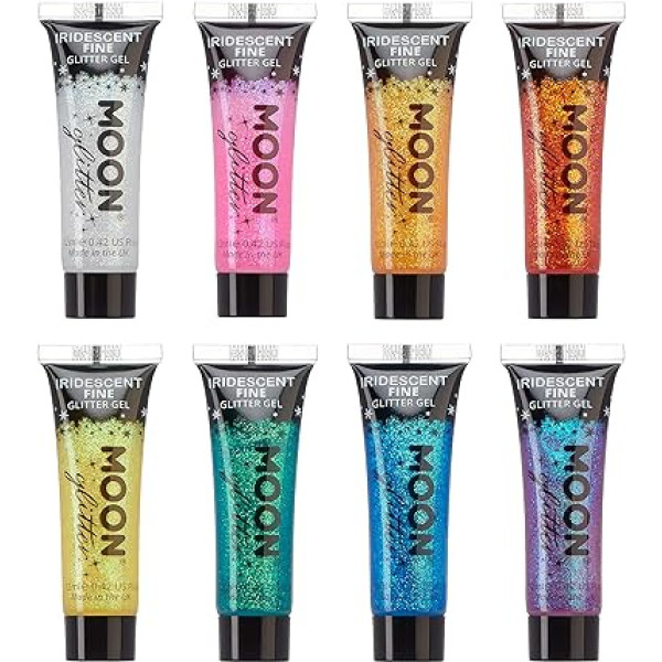 Moon Glitter - Gel with Iridescent Fine Glitter - 12 ml - Set of 8 Colours - Glitter Face Paint