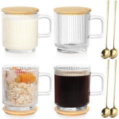 Anhow Latte Macchiato glāzes, 350 ml kafijas tasītes, vertikālas svītras kafijas glāze ar vāku un karotīti Latte/Cappuccino/Drinks/Taja/Kāfija, 4 gab.