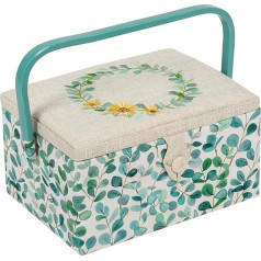 Hobby Gift MRME Exclusive Medium Sewing Craft Storage Box, Accessory Tray, Pin Cushion, Bag, PVC Handle, Embroedered Lid, Eucalyptus, 18.5 x 25.5 x 14.5 cm