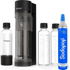Sodapop Logan ūdens karbonizatora sākumkomplekts ar CO₂ cilindru, ietver 2 stikla pudeles (850 un 600 ml) un 1 PET pudeli (850 ml), matēti melns, augstums 42,6 cm