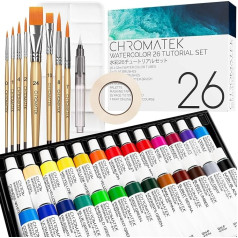 Watercolour Paint Set with 26 Watercolours, Pad, 9 Brushes, Aqua Pen, Palette, Tape and Video Tutorial - Liquid Watercolours in Paint Tubes - Watercolour Set for Painting, Artists, Professionals and