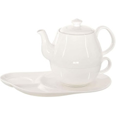 Buchensee Tea for One Daisy 600 ml kristāla kaula porcelāna porcelāna tējkanna smalkā krēmīgi baltā krāsā + tējas krūze + paliktnis ar praktiskiem plauktiem