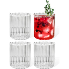 7 O'CLOCK glāžu komplekts ar 4 glāzēm | Dizains Vintage Stripe Glass Norway | Tējas glāzes Kafijas glāzes Ledus kafija Kokteiļu glāzes Long Drink Ūdens Tēja Sulas | Svītras Ribotas trauku mazgājamā mašīnā, izturīgas | 200 ml