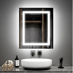 EMKE Vannas istabas spogulis ar apgaismojumu, 50 x 60 cm, spogulis ar apgaismojumu, 2 gaismas krāsas, silti balta/auksti balta, pret miglošanos, vannas istabas spogulis ar apgaismojumu, mehāniskais slēdzis, LED spogulis,