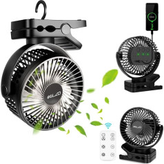 ELZO 12000 mAh kempinga ventilators, uzlādējams galda ventilators, USB mini ventilators ar LED gaismu un āķi, 360° rotācijas klusums ar tālvadības pulti, klipveida ventilators darbvirsmai, ratiņiem, birojam