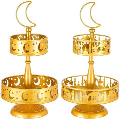 Nuenen Pack of 2 Eid Metal Tray Decorations Mubarak Cake Stand Golden Decorative Trays Ramadan Cupcake Holder Double Layer Biscuit Stand Dessert Display Plate for Eid Party Accessories