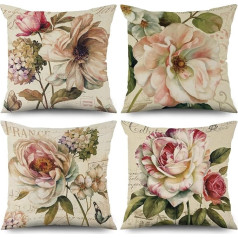 ASDCXZ Flower Cushion Cover 50 x 50 cm komplekts 4 Retro Rose Flower Beige Dīvāna spilvenu pārvalki Dekoratīvie spilvenu pārvalki Mazgājams poliestera lina tekstilmateriāls Āra spilvena pārvalks