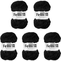 myboshi Fellino pūkaina kažokādu vilna tamborēšanai un adīšanai, Teddy vilna kažokādas izskatā, īpaši apjomīga, 100 g, Ll 65 m Black (Kuro), 5 bumbiņas