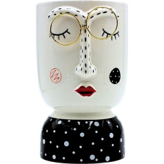 Ceramic Vase with Face and Golden Glasses, Flower Vase, Black/White, Size: H / Diameter Approx. 21 x 12 cm