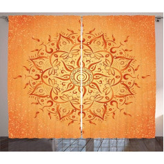 ABAKUHAUS Leaf Rustic Orange Mandala Bedroom Ruffle Tape Curtain with Tabs and Hooks, 280 x 245 cm, Orange