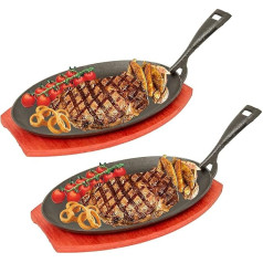 2 x Oval Cast Iron Serving Pan with Wooden Trivet 27 x 17.5 cm Pre-seasoned Fajita Plate with Wooden Trivet for Serving Hot Sizzling Dishes (27 x 17.5 cm)