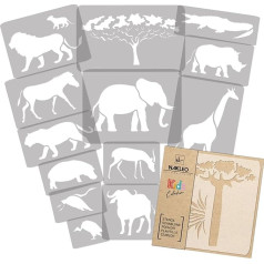 NAKLEO 14 atkārtoti lietojamu plastmasas trafaretu komplekts - Āfrikas dzīvnieku savanna - no 34 x 34 cm līdz 9 x 9 cm - raksts bērniem Gleznošanas šablons Telpu apdare - amatniecība DIY Sienas mēbeles