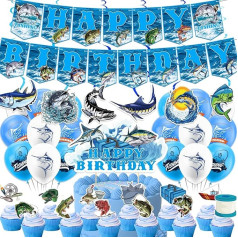 Gone Fishing Birthday Party Supplies Zvejas puse Dekorācijas komplekts Zvejas dzimšanas dienas baneris Cake Cupcake Topper Spirāles baloni Gone Fishing dzimšanas dienas dekorācijas Bērnu dušas partiju dāvanas