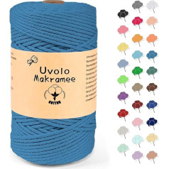 Uvolo Makrame dzija 3 mm x 200 m, kokvilnas dzija, makrame aukla amatniecībai, augu piekariņiem (Blue Lake)