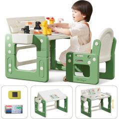 Banasuper 2-Sided Drawing Table and Chair for Children with Building Blocks, Activity Table for Toddlers, Height Adjustable, Multifunctional Children's Furniture Set for Preschool Children (Green)