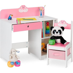 Relaxdays Childrens Desk and Chair Drawer & 2 Open Compartments Swan Nursery Furniture Pink/White