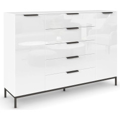 Rauch Möbel Flipp, Chest of Drawers with Storage Space for Living Room, Bedroom, 4 Shelves, with Graphite Metal Skid, Alpine White/Glass Front White, 2 Doors, Glass Doors, 5 Drawers, Graphite Handles,