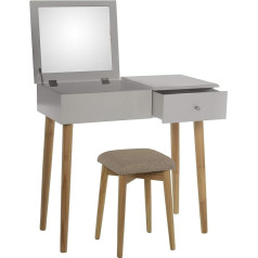 DRW Dressing Table with 1 Drawer and Mirror and Stool Legs in Natural 80 x 40 x 75 cm, Bench 30 x 30 x 45 cm, Wood, Modern White, 80 x 40 x 75 cm, Banco 30 x 30 x 45 cm