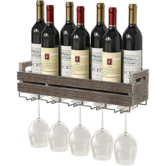 J Jackcube Design Sieninis kaimiškas vyno laikymo stovas su metaliniais stiklinių pakabais, talpina 6 butelius, 5 stiklines, dekoratyvinis namų barui, valgomajam, virtuvei - :MK566A