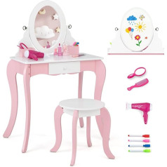 Goplus Bērnu tualetes galdiņš 2-in-1 ar tabureti, tualetes galdiņš ar noņemamu un 360° rotējošu spoguli, tāfeli, 3 friziera piederumiem un 4 pildspalvām, kosmētikas galds bērniem no 3 līdz 7 gadiem