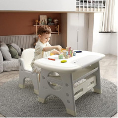 Benarita Kids Table and Chair Set with Erasable Chalkboard, Watercolour Pencils, Multifunctional Kids Activity and Learning Table Plastic for Toddlers (Grey)