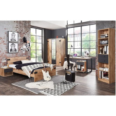 Generisch Liverpool 8-Piece Children's Room in Plank Oak and Graphite with Cupboard, 140 cm Bed, Deluxe 7-Zone Cold Foam Mattress, Rolling Frame, Bedside Table, Standing Shelf, Desk and Rolling Container