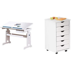 Inter Link Alpine Living Student Desk Work Table & Link Roller Container Office Container Drawer Cabinet Office Cabinet Solid Pine Wood Painted White