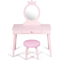 Costway Bērnu tualetes galdiņš, 2-in-1 grima galds un rakstāmgalds ar noņemamu spoguli un tabureti, tualetes galdiņš ar atvilktni un priedes kājām, kosmētikas galdiņš, maksimālā slodze 65 kg, 70 x 34 x 100 cm (rozā)