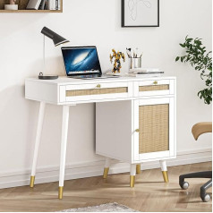 Anmytek Girls' Dressing Table, Modern Rattan Desk, Wooden and Metal Legs, Desk with 2 Drawers, 1 Door for Bedroom, Study