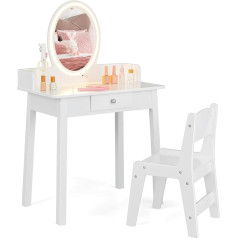 Dreamade Bērnu tualetes galdiņš ar LED spoguli un priedes koka kājām, princeses tualetes galdiņš ar atvilktni un juvelierizstrādājumu statīvu, bērnu tualetes galdiņš ar tabureti bērniem un meitenēm, balts