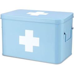 Flexzion Medicine Box, Home Pharmacy Box, 31 x 20 x 19 cm, Metal Medication Storage Box for Emergency, First Aid Cabinet, with Side Handles, Removable Tray & 5 Compartments, Blue