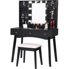 Anwbroad BDT09B Dressing Table Vanity Mirror 10 LED Bulbs Cabinet Judaism Vanity Desk Vanity Table with 3 Drawers 2 DIY Dividers Padded Stool Movable Black