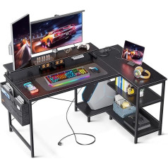 ODK Desk L Shape Black, Gaming Table L Shape, Corner Desk with USB Charging Port & Socket, Corner Table Gaming with Shelf Reversible & Monitor Shelf for Office, Home Office, 120 x 80 x 88 cm