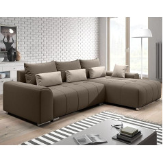 Furnix Loreta OR29-22 Corner Sofa with Sleep Function and Bed Box - L-Shape Sofa with Cushion - Chrome Look Feet - W 260 x H 98 x D 179 cm - Lying Surface 148 x 205 cm - Brown