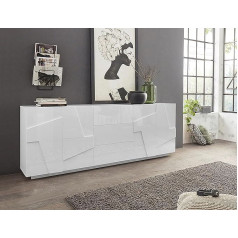 ‎Dmora Dmora Moderns virtuves bufete ar 4 durvīm un 3 atvilktnēm, ražots Itālijā, virtuves bufete ar detaļām, dizains Living Buffet, 224 x 44 x 86 cm, glancēta balta krāsa