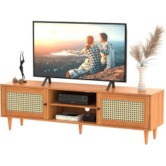 Easycom TV Stand for 65 Inch TV, Farmhouse Rattan Entertainment Center with Storage and Open Shelves, Modern Entertainment Center with Natural Rattan Door