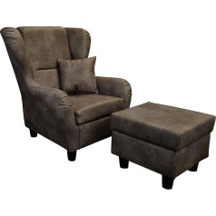 Luma-Home Schönes Für Dein Zuhause Vintage Wing Chair with Stool, Upholstered Chair in Country House Style, Comfortable TV Chair, Reading Chair with Wave Suspension, Living Room Chair for Relaxing, Microfibre Fabric in Leather Look in