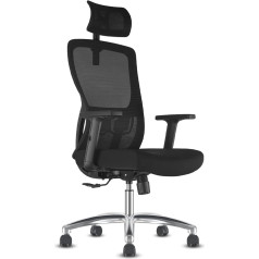 Durrafy Biroja krēsls, darba galda krēsls ar regulējamu galvas balstu, roku balstiem un jostas balstu, sieta grozāms krēsls, vadītāja krēsls, šūpuļkrēsls, slodzes izturība 150 kg, melns, X-Large, D01