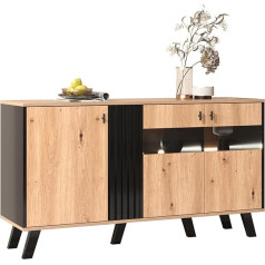 Azkoeesy Sideboard in Wood Look, 140 x 41 x 78 cm, with LED Lighting, Doors with Glass Window, Storage Cabinet, Standing Cabinet, Buffet for Living Room