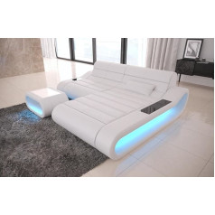 Sofa Dreams Dīvāns Concept L Shape Short no ādas - ar LED apgaismojumu, ergonomiskiem atzveltnes atzveltnēm, atzveltnes atzveltnes atzveltnes atzveltne / ādas krāsu izvēle / Iespējams izvēlēties orientāciju Osmanu (Osmanu labajā pusē, balta)