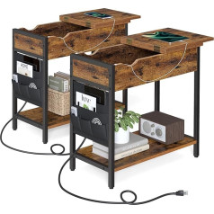 Vasagle Storage Space, Side Table with USB Ports and Outputs, Bedside Table with Charging Station, Fabric Pockets, Living Room, Steel Frame, Chipboard, Rustic Brown Black, 23.6 x 12.4 x 23.6 Inches