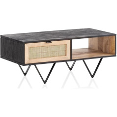 Finebuy Möbel Zum Wohlfühlen FineBuy Kafijas galdiņš 90 x 45 x 37 cm Mango masīvkoka/Rattan dīvāna galds Taisnstūra formas viesistabas galds Kafijas galdiņš Masīvkoka ar atvilktni Galds Dzīvojamā istaba Moderns niedru siets ar metāla rāmi