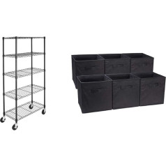 Amazon Basics 5-Shelf Storage Unit on 4-Inch Casters with Height Adjustable Shelves and Adjustable Levelling Feet and Foldable Storage Cubes (6 Pack), Black