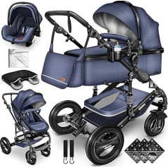 KIDUKU® 3-in-1 vežimėlio komplektas, kombinuoto vežimėlio komplektas, įskaitant vaikišką vežimėlį, vežimėlį, automobilinę sėdynę, kojų muliažą, visą guminę padangą, pervystymo krepšį, lietpaltį, vaikišką staliuką (mėlyna/juod