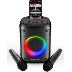 Vocal-Star VS-275 Pārnēsājamā karaoke iekārta ar Bluetooth, karaoke sistēma, 2 bezvadu mikrofoni, 60 W skaļrunis, gaismas efekti, dziedāšanas ierakstīšana, uzlādējama