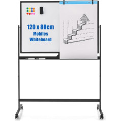 COSTWAY divpusēja mobilā baltā tāfele, 120 x 80 cm, regulējams augstums, magnētiskā tāfele ar ritenīšiem, statīvs un pildspalvu paliktnis, ar piederumiem skolai, birojam un mājai