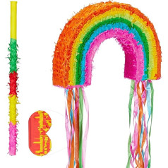 Relaxdays 3 gabaliņu pinatas komplekts Rainbow, pinatas nūjiņa ar acu masku, bērniem, nūjiņa un aizsietas acis, piepildiet sevi, pinata, krāsaina