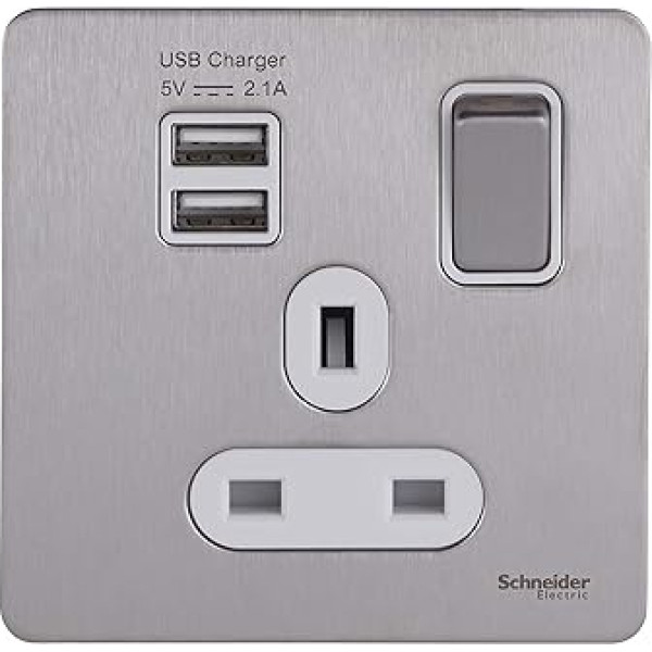 Schneider Electric Ultimate GGBGU34102USBAWSS Bezskrūvju plakanā plāksne - pārslēdzama viena kontaktligzda, USB uzlādes pieslēgvietas, divpolu, 13 A, nerūsējošais tērauds ar baltu ieliktni