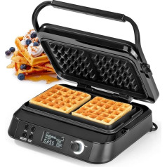 N8werk Premium Waffle Iron in Midnight Edition, 1600 Watts, 5 Programmes, 7 Browning Levels, LCD Display, Countdown Timer, Extra Deep Heating Plates for Particularly Airy Waffles